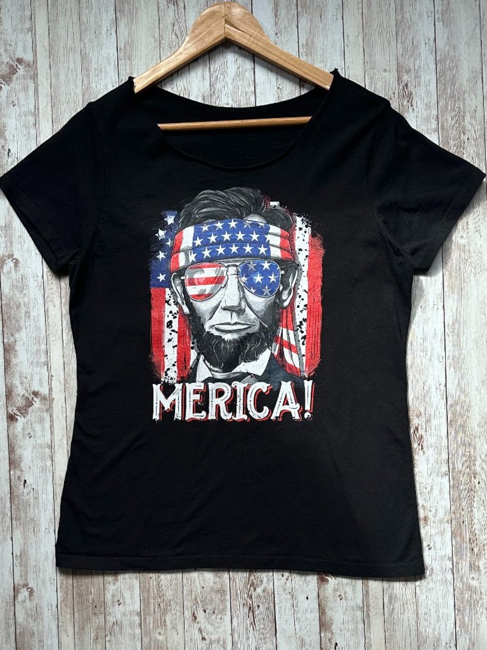Women's T-Shirt sz Medium 4th Of July Merica Abe Boys American Flag Black Cotton